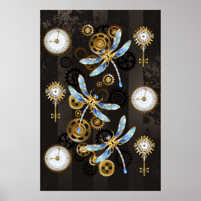 Steampunk Dragonflies on brown striped background Poster (Front)