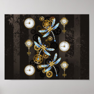 Steampunk Dragonflies on brown striped background Poster