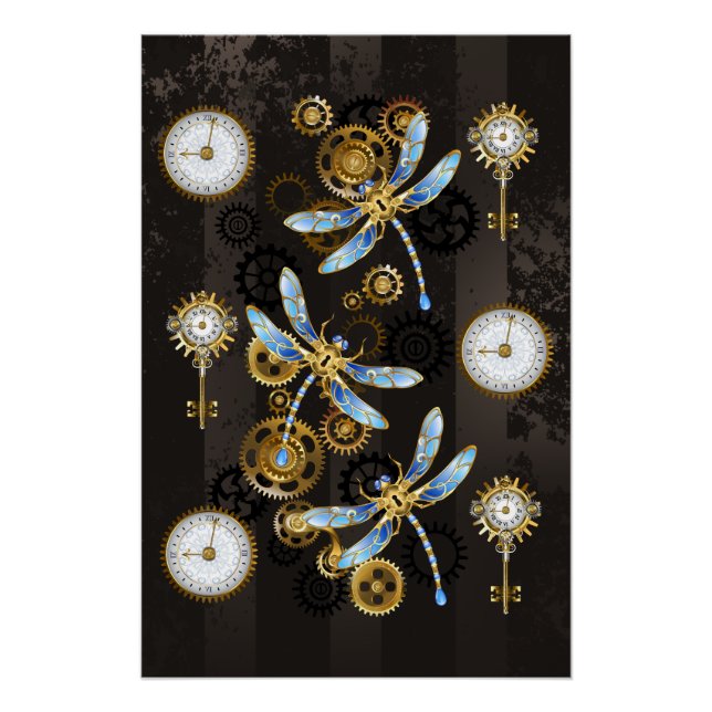 Steampunk Dragonflies on brown striped background Poster (Front)