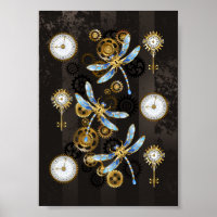 Steampunk Dragonflies on brown striped background