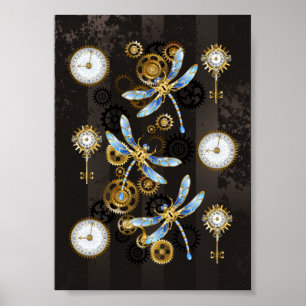 Steampunk Dragonflies on brown striped background Poster