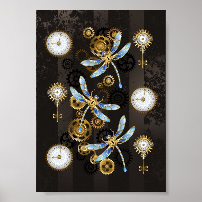 Steampunk Dragonflies on brown striped background Poster (Front)