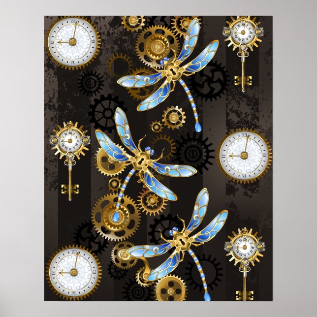 Steampunk Dragonflies on brown striped background Poster (Front)