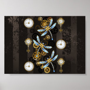 Steampunk Dragonflies on brown striped background Poster
