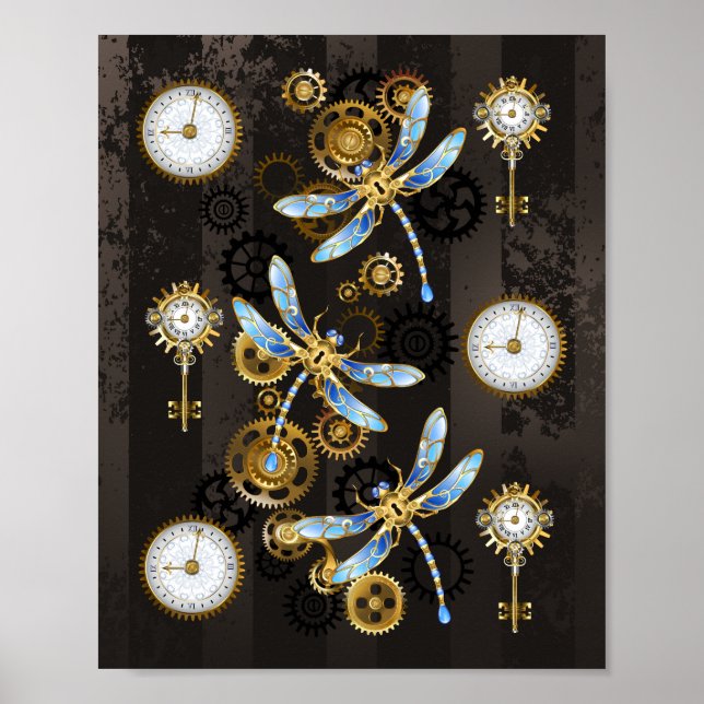 Steampunk Dragonflies on brown striped background Poster (Front)