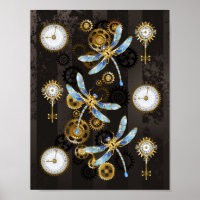 Steampunk Dragonflies on brown striped background