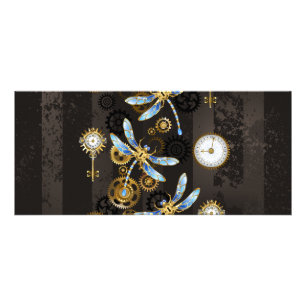 Steampunk Dragonflies on brown striped background Rack Card