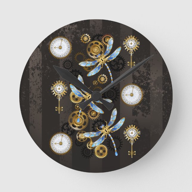 Steampunk Dragonflies on brown striped background Round Clock (Front)