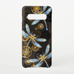 Steampunk Dragonflies on brown striped background Samsung Galaxy Case<br><div class="desc">Antique dials and keys with gold and brass gears,  decorated with mechanical,  steampunk dragonflies on brown,  striped background.</div>