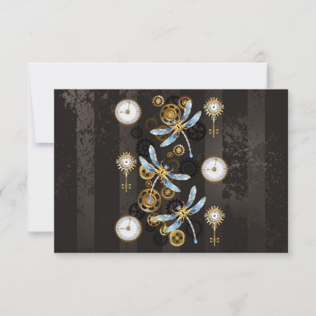 Steampunk Dragonflies on brown striped background Save The Date (Front)