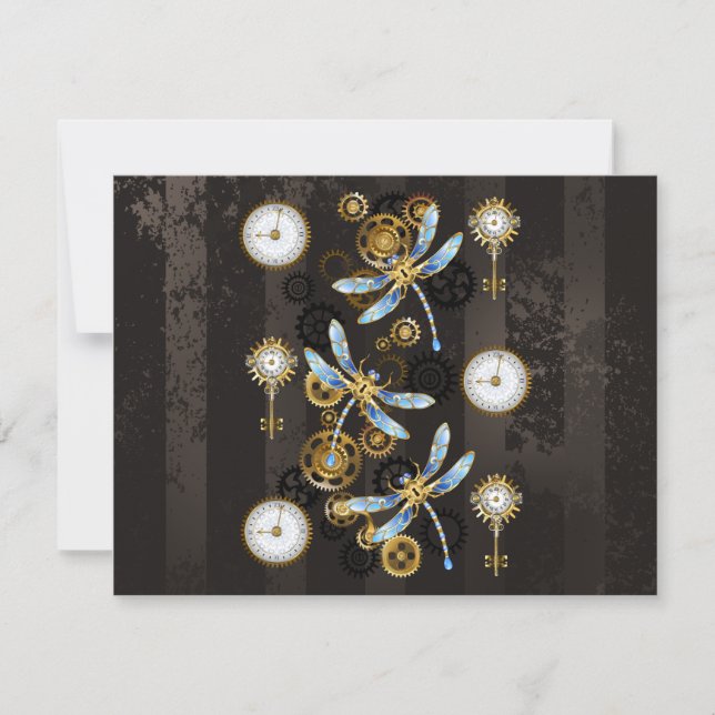Steampunk Dragonflies on brown striped background Save The Date (Front)