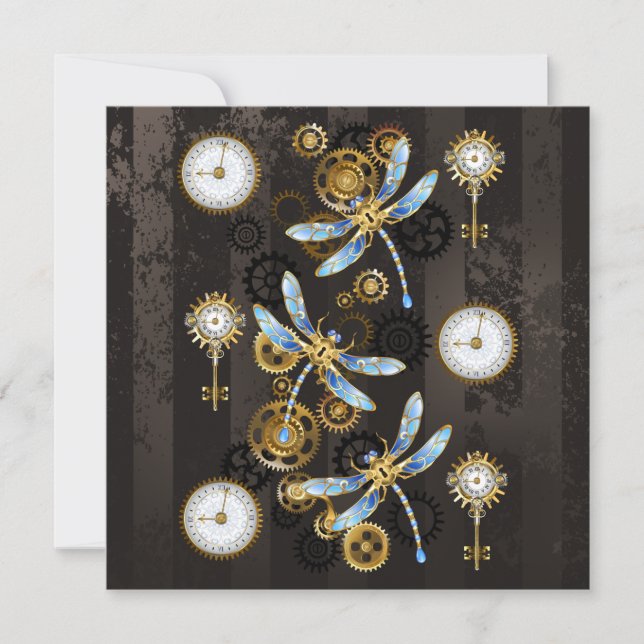 Steampunk Dragonflies on brown striped background Save The Date (Front)