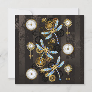 Steampunk Dragonflies on brown striped background Save The Date