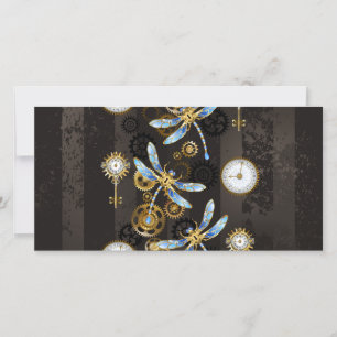 Steampunk Dragonflies on brown striped background Save The Date