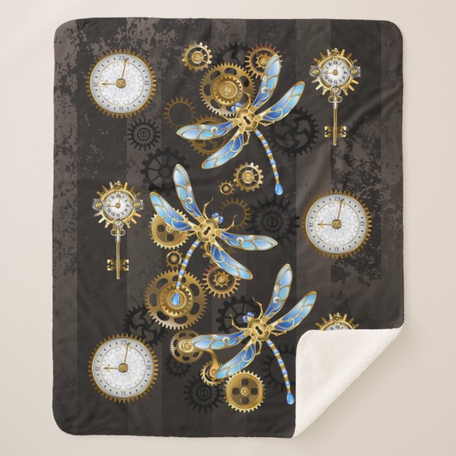 Steampunk Dragonflies on brown striped background Sherpa Blanket (Front)