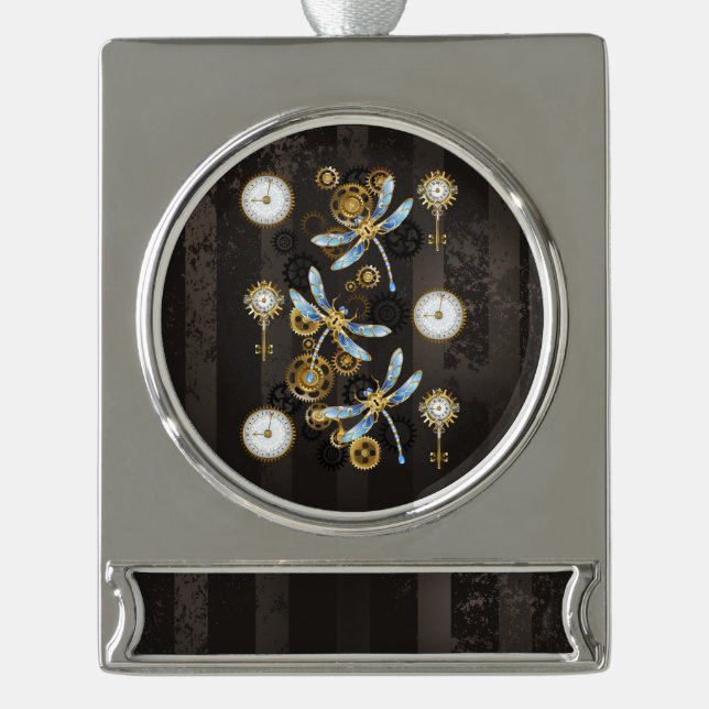 Steampunk Dragonflies on brown striped background Silver Plated Banner Ornament (Front)