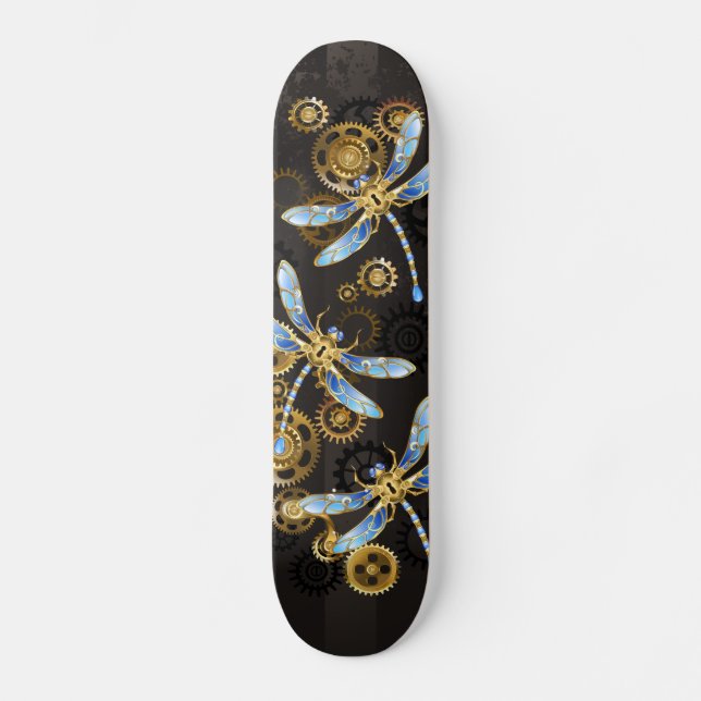 Steampunk Dragonflies on brown striped background Skateboard (Front)