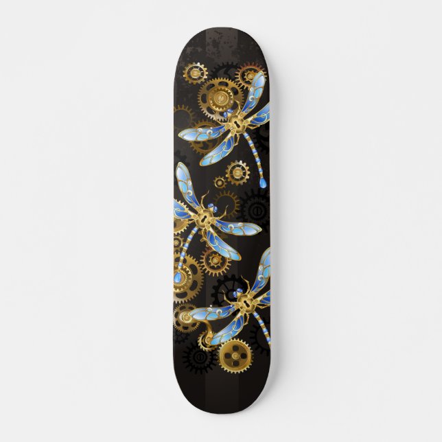 Steampunk Dragonflies on brown striped background Skateboard (Front)