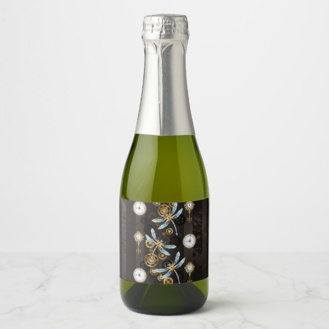 Steampunk Dragonflies on brown striped background Sparkling Wine Label (Front)