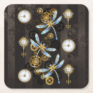 Steampunk Dragonflies on brown striped background Square Paper Coaster