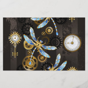 Steampunk Dragonflies on brown striped background Stationery