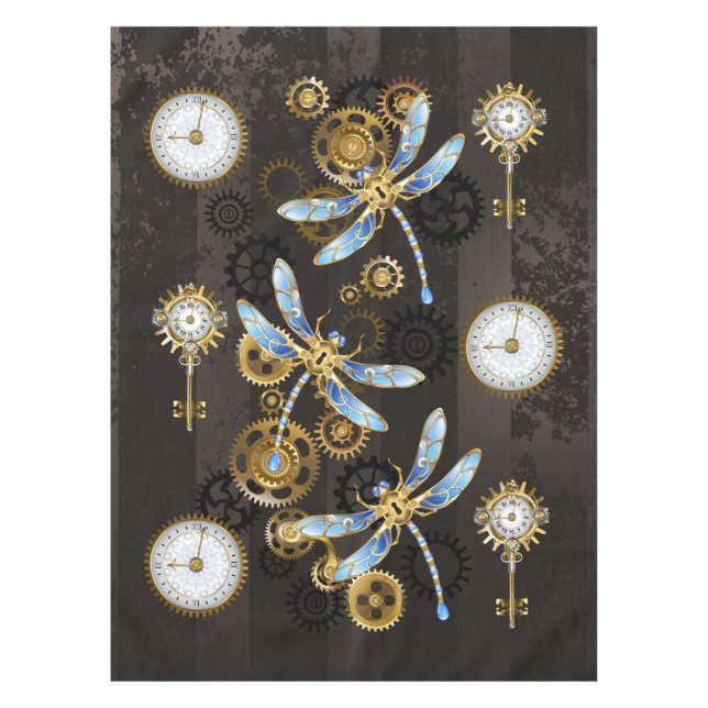 Steampunk Dragonflies on brown striped background Tablecloth (Front)