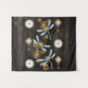 Steampunk Dragonflies on brown striped background Tapestry