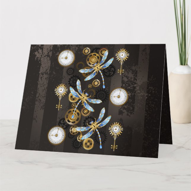 Steampunk Dragonflies on brown striped background Thank You Card (Front)