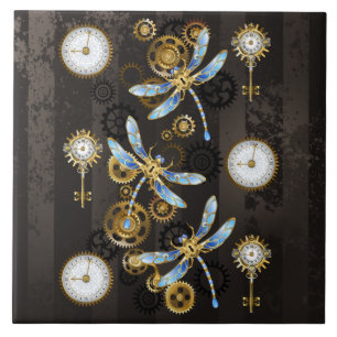 Steampunk Dragonflies on brown striped background Tile