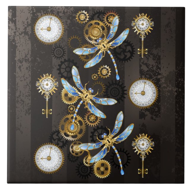 Steampunk Dragonflies on brown striped background Tile (Front)