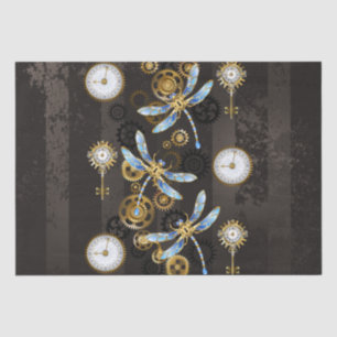 Steampunk Dragonflies on brown striped background Tissue Paper