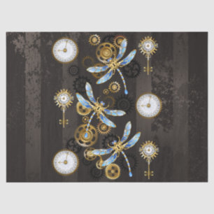 Steampunk Dragonflies on brown striped background Tissue Paper