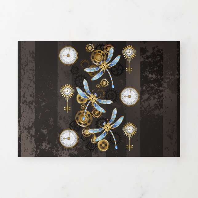 Steampunk Dragonflies on brown striped background Tri-Fold Announcement (Cover)