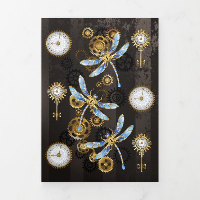 Steampunk Dragonflies on brown striped background Tri-Fold Announcement (Cover)