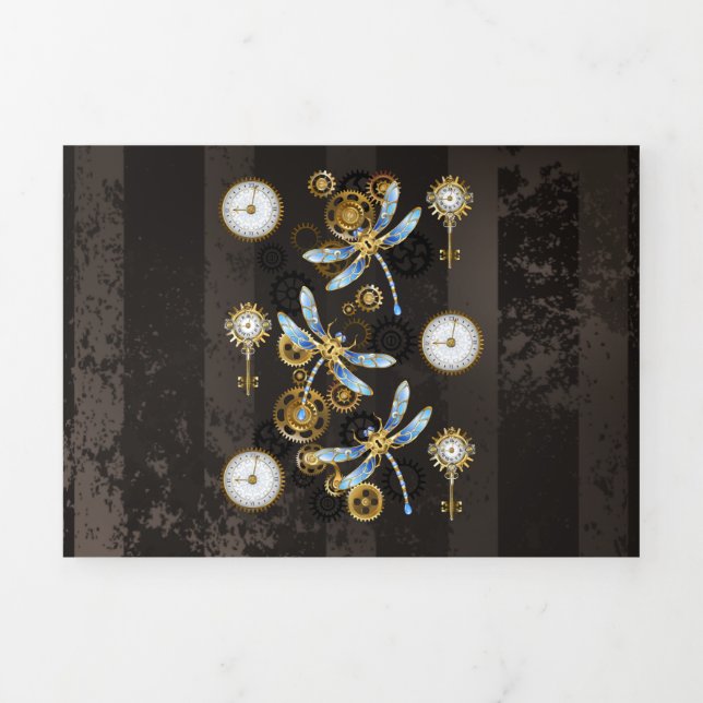 Steampunk Dragonflies on brown striped background Tri-Fold Programme (Cover)