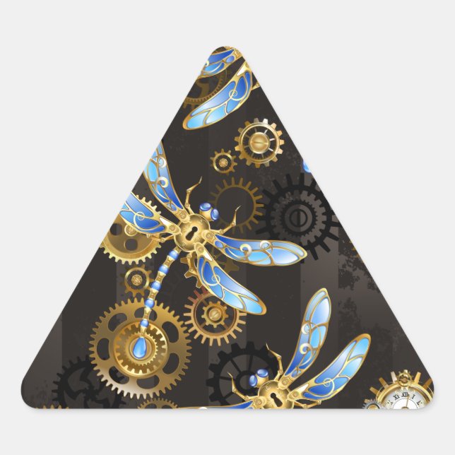 Steampunk Dragonflies on brown striped background Triangle Sticker (Front)