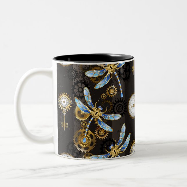 Steampunk Dragonflies on brown striped background Two-Tone Coffee Mug (Left)