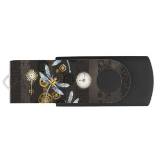 Steampunk Dragonflies on brown striped background USB Flash Drive