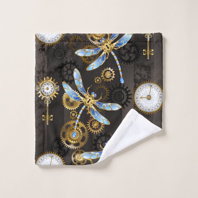 Steampunk Dragonflies on brown striped background Wash Cloth (Wash Cloth)