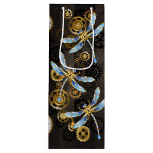 Steampunk Dragonflies on brown striped background Wine Gift Bag