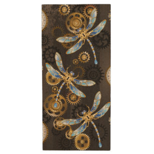 Steampunk Dragonflies on brown striped background Wood USB Flash Drive