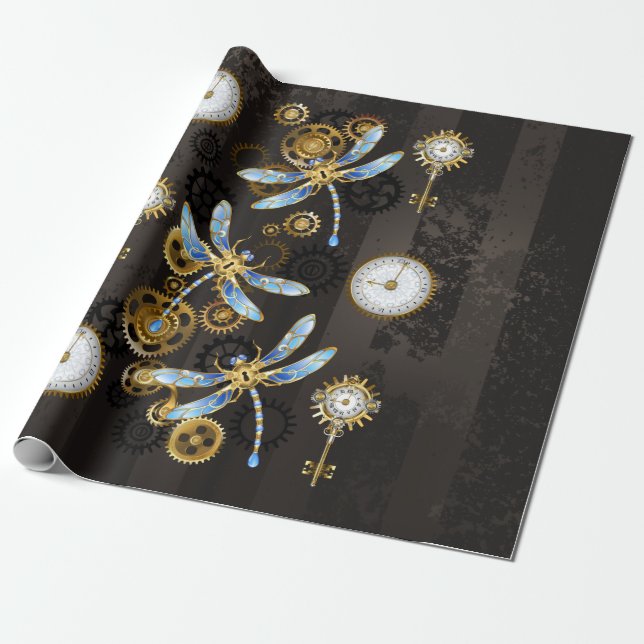 Steampunk Dragonflies on brown striped background Wrapping Paper (Unrolled)