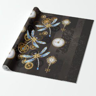 Steampunk Dragonflies on brown striped background Wrapping Paper