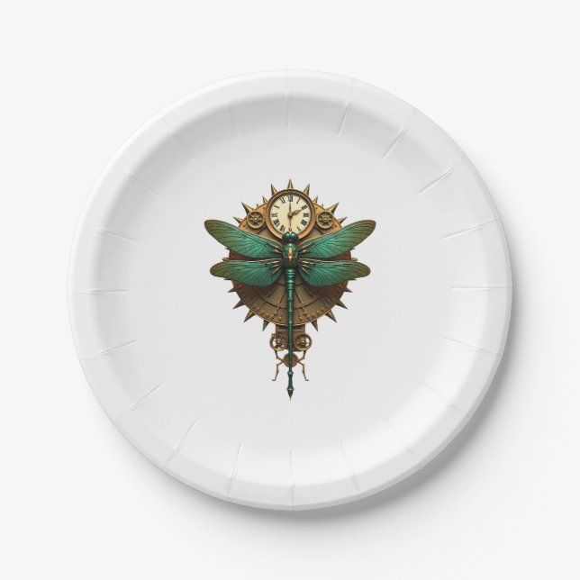 Steampunk Dragonfly Victorian Art Mechanical Steam Paper Plate (Front)