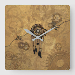 Steampunk Dreamcatcher Square Wall Clock