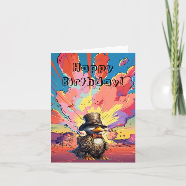 Steampunk Duck In Front Of A Cartoon Explosion  Thank You Card (Front)
