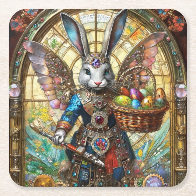 Steampunk Easter Bunny Warrior Angel Square Paper Coaster (Front)