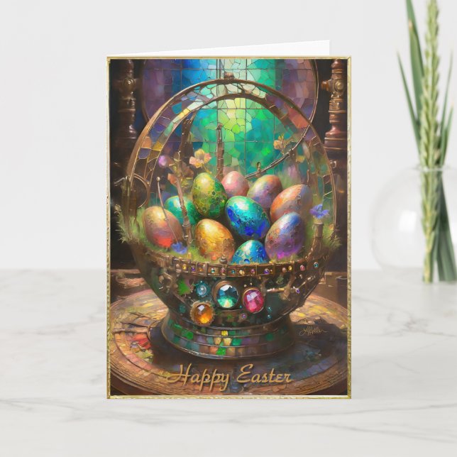 Steampunk Easter Colourful Eggs in Basket Holiday Card (Front)