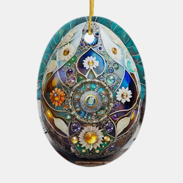 Steampunk Easter Ornate Blue Egg Ceramic Tree Decoration (Front)