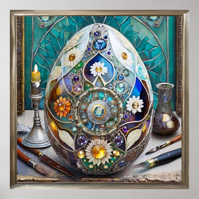 Steampunk Easter Ornate Blue Egg Poster (Front)